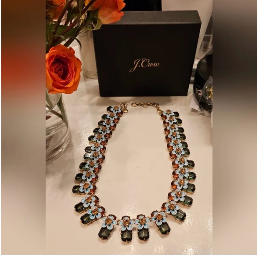 J.Crew Women’s Floral Drop Necklace - Blue & Olive Crystal Accents - Picture 2 of 6